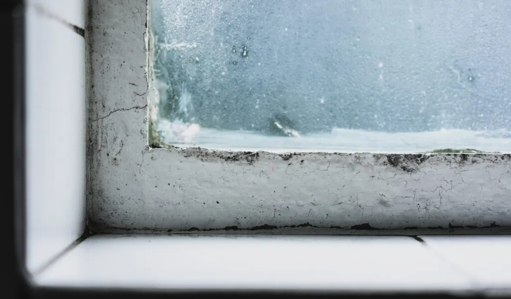 Frost on old window glass showing need for replacement